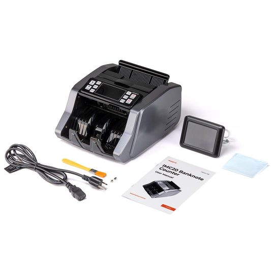 MUNBYN IMC20 Geldzählmaschine, Wertzählung (Einzelwährung USD/EUR), UV/MG/IR/MT Prüfung, LED-Display.