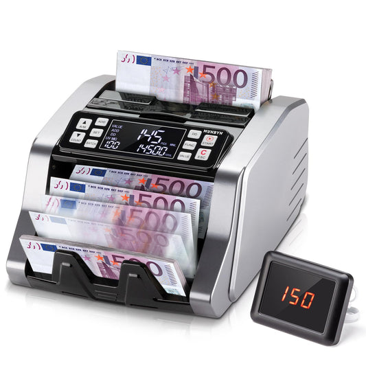 MUNBYN IMC20 Geldzählmaschine, Wertzählung (Einzelwährung USD/EUR), UV/MG/IR/MT Prüfung, LED-Display.