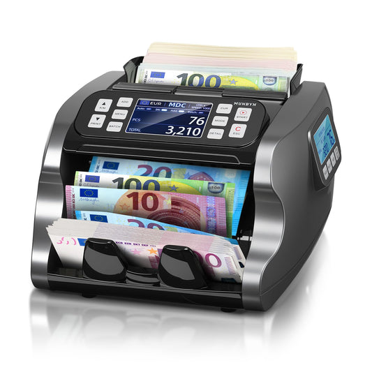MUNBYN IMC22 Geldzählmaschine für gemischte Stückelungen, CIS/UV/IR/MG Prüfung, Dual-Display, EUR/USD/GBP.